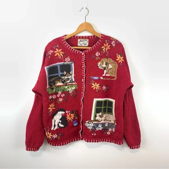 Vintage Knit Red Cat Sweater Size Large Button Front Cardigan - Picture 2 of 16